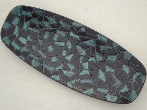 Mid-century mod vintage mosaic tile pattern pottery tray in black & teal