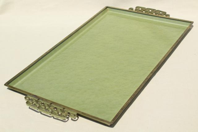 mid-century mod vintage serving tray, jade green enamel metal tray Kyes moire glaze