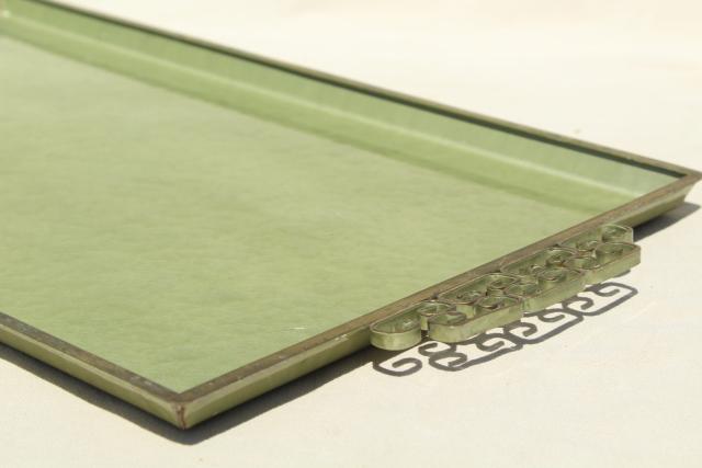 mid-century mod vintage serving tray, jade green enamel metal tray Kyes moire glaze
