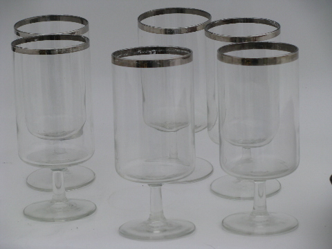 Mid-century mod vintage silver band glass goblets, six water glasses