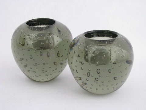 Mid-century mod vintage Sweden smoke grey controlled bubbles glass candlesticks