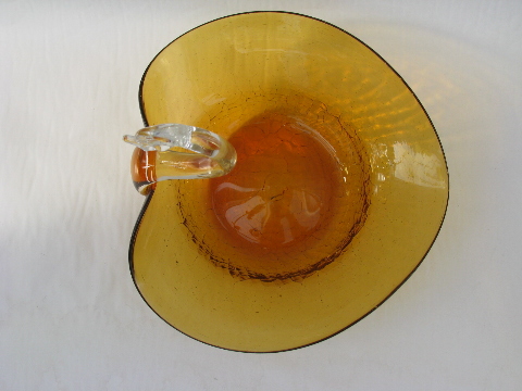 Mid-century modern art glass swan dish, amber / crystal