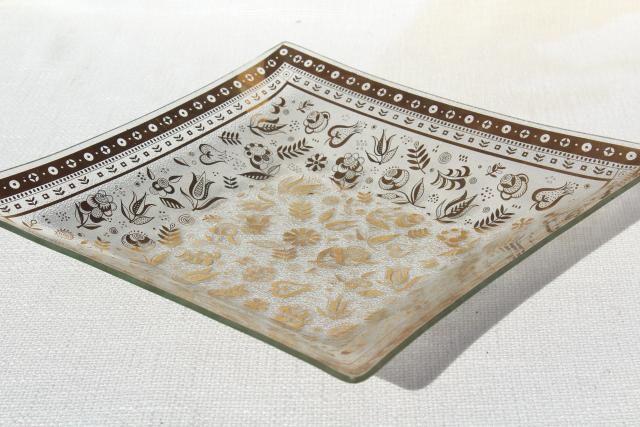 mid-century modern vintage Georges Briard Persian Garden gold decorated square glass tray