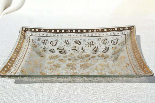 mid-century modern vintage Georges Briard Persian Garden gold decorated square glass tray