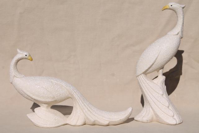 mid-century modern vintage ceramic birds, art pottery white peacocks w/ textured glaze