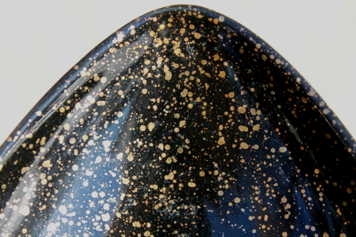 Mid-century modern vintage ceramic bowl, glossy black glaze w/ gold spatter