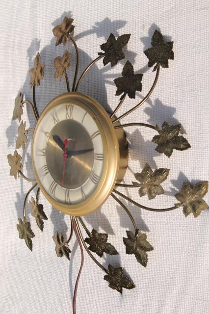 mid-century modern vintage electric wall clock, United kitchen clock w/ tole metal ivy