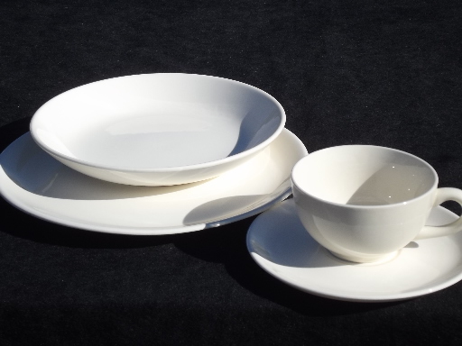 Mid-century modern vintage pure white china dinnerware, plain mod shapes
