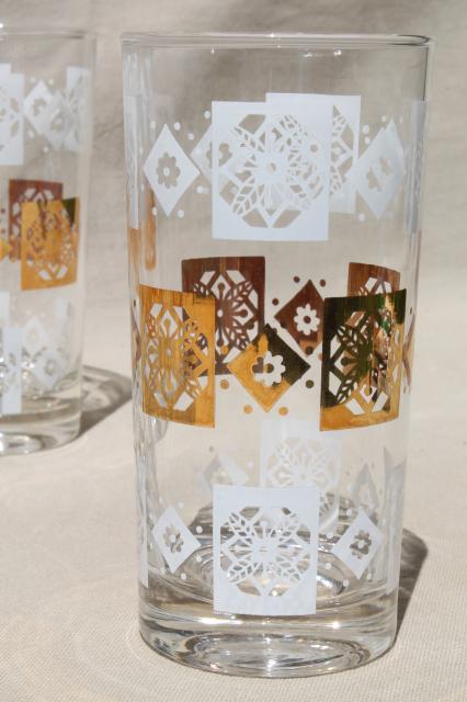 mid-century modern vintage tumblers set, white & gold print glass drinking glasses