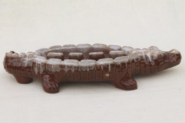 mid-century vintage ceramic ashtray, brown drip glaze pottery alligator