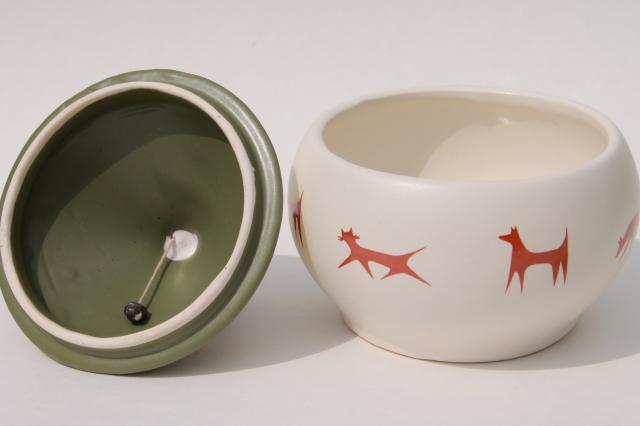 mid-century vintage pottery cookie jar for cats & dogs, mod design Upjohn Unipet premium