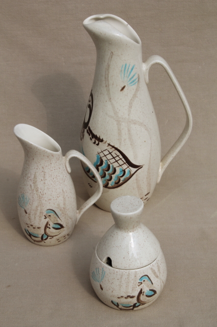 Mid-century vintage Red Wing Bob White bird pottery pitcher, cream & sugar set