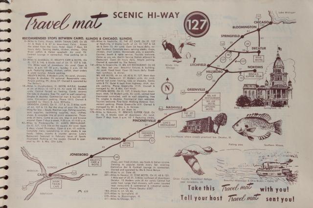 mid-century vintage road trip travel maps, roadside attractions, food, lodgings