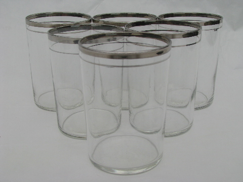 Mid-century vintage silver band flat tumblers, set of six glasses