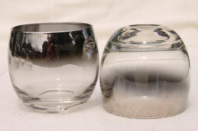 mid-century vintage silver fade glass roly-poly glasses, old fashioned lowball tumblers