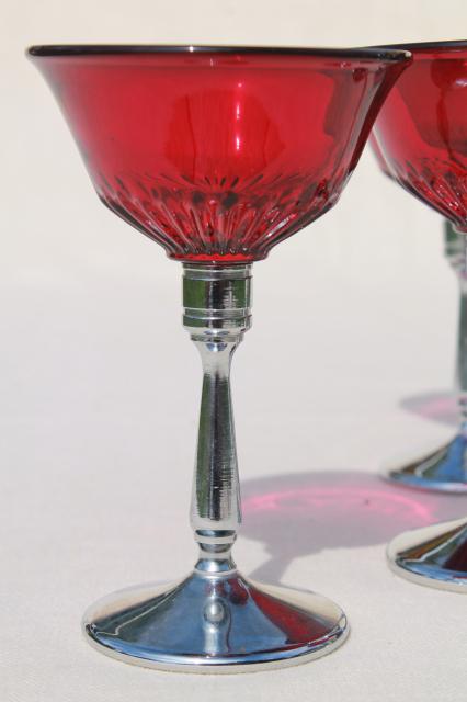 mid-mod vintage cocktail set, ruby red glass martini glasses, chrome & red lucite pitcher
