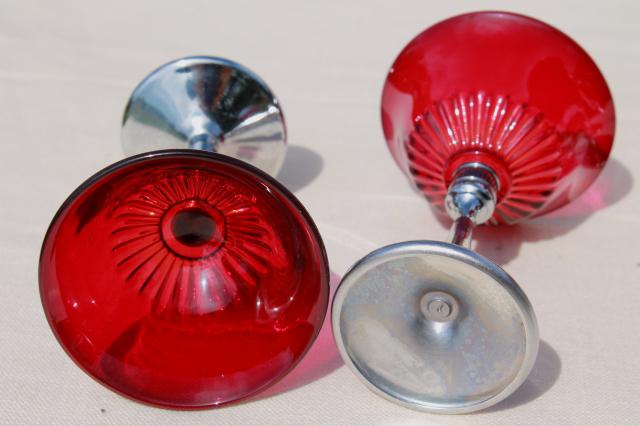 mid-mod vintage cocktail set, ruby red glass martini glasses, chrome & red lucite pitcher