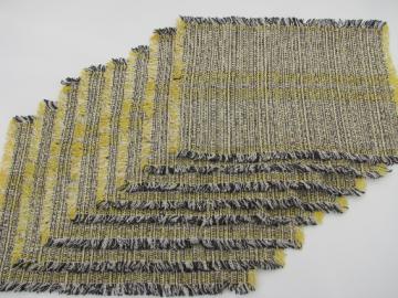 Mod 1950s vintage woven tweed placemats set, yellow / black / silver