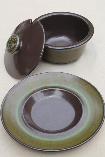 mod 60s 70s vintage Madeira Franciscan pottery, heavy retro brown & green dishes