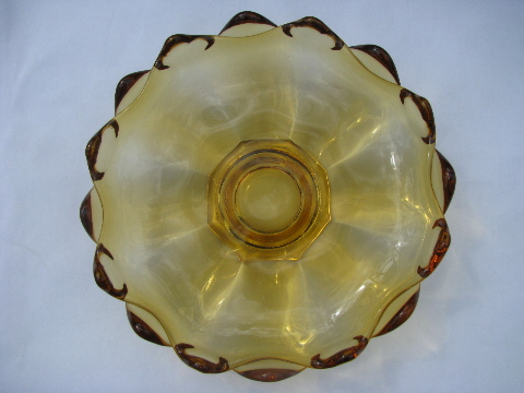 Mod 60s vintage amber glass dish, large low bowl, retro flower shape