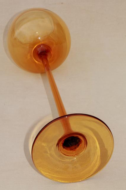mod 60s vintage amber glass vase, big fishbowl goblet champagne glass on tall skinny stem