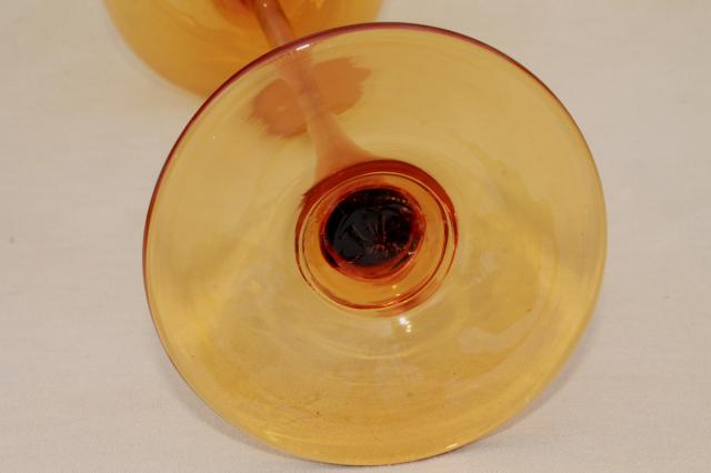 mod 60s vintage amber glass vase, big fishbowl goblet champagne glass on tall skinny stem
