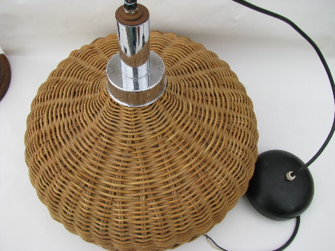 Mod 60's vintage rattan / chrome hanging light, natural wicker lamp shade