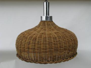 Mod 60's vintage rattan / chrome hanging light, natural wicker lamp shade