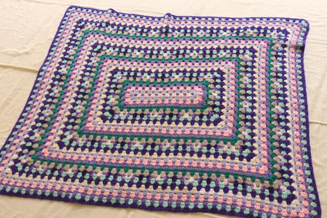 mod baby blanket, one giant granny square crochet afghan in lavender purple shades, 90s vintage