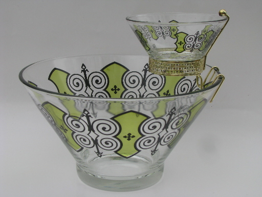 Mod black and green print glass chip and dip set, retro 60s bowls and holder