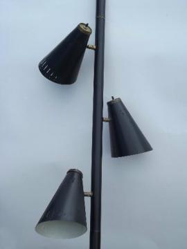 Mod black cone shade metal tension pole floor lamp, mid-century vintage