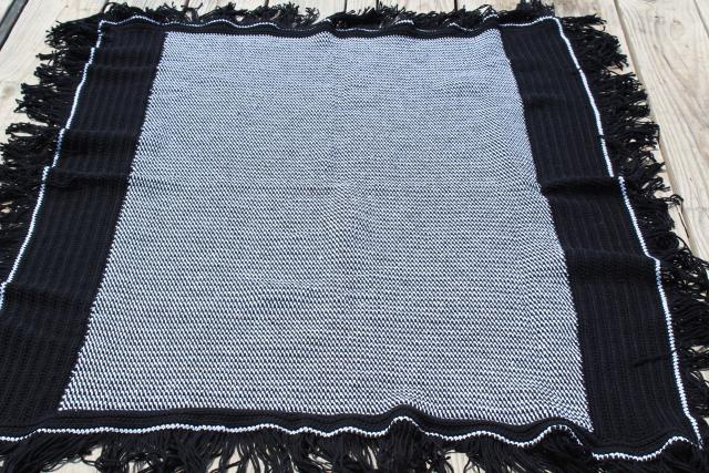 mod black & white tweed pattern crochet afghan, vintage fringed throw blanket
