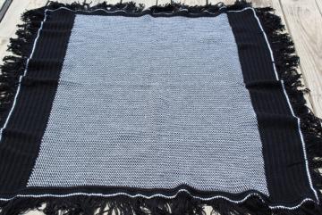 mod black & white tweed pattern crochet afghan, vintage fringed throw blanket