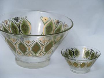 Mod green & gold glass chip n dip bowls or salad set, 60s vintage