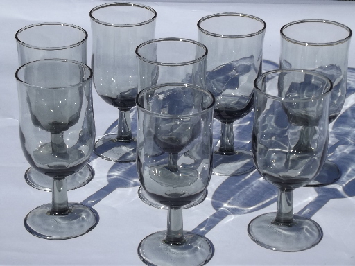 Mod grey smoke glass stemware, retro 70s 80s vintage wine glasses set