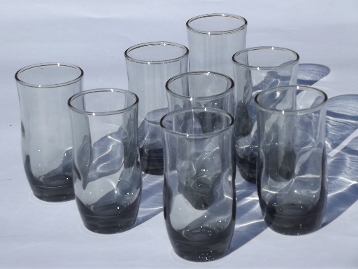 Mod grey smoke glass tumblers, retro 70s 80s vintage juice glasses set