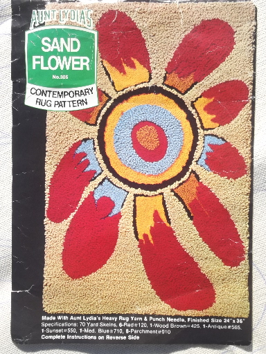 Mod hippie vintage rug canvas for hooked rug, Indian sand flower daisy
