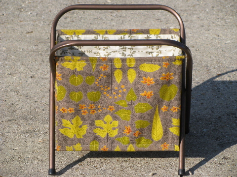 Mod leaf print cotton barkcloth needlework bag stand, 50s-60s vintage