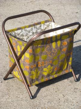Mod leaf print cotton barkcloth needlework bag stand, 50s-60s vintage