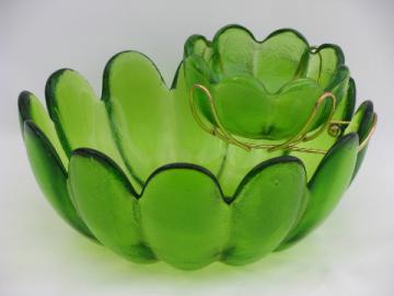 Mod lime green glass flower shape serving bowls, vintage chip and dip set