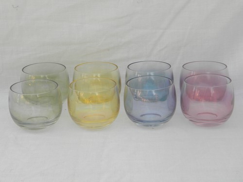 Mod mid-century vintage bar glasses, colored roly-poly drinks glass set