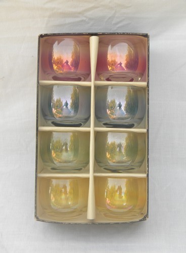 Mod mid-century vintage bar glasses, colored roly-poly drinks glass set