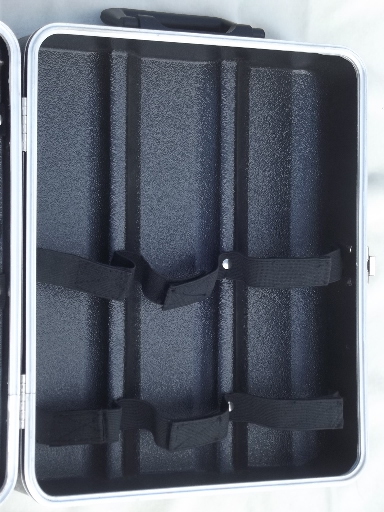 Mod mini bar, retro hard-sided suitcase bottle carrier w/ barware & tumblers
