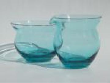 Mod mini cream & sugar set for one, vintage ocean blue  hand-blown glass