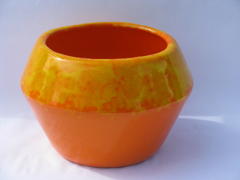 Mod orange drip planter pot, retro California pottery, Moreno Ceramics