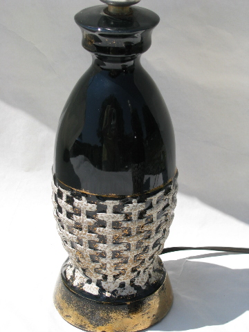 Mod pair small black & white pottery lamps, 50's vintage