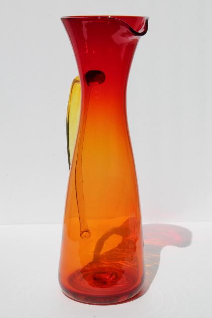 mod vintage Blenko art glass, huge pitcher in red orange shaded amberina glass