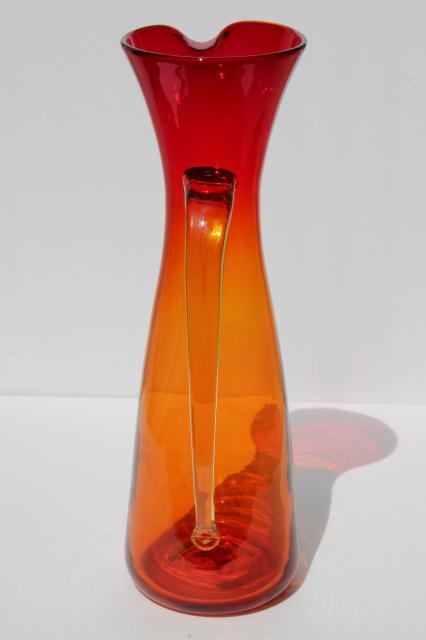 mod vintage Blenko art glass, huge pitcher in red orange shaded amberina glass