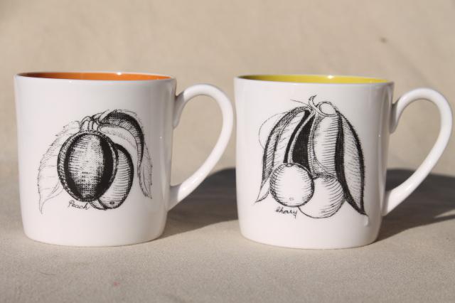 mod vintage Susie Cooper Wedgwood black fruit line drawing art cups or coffee mugs