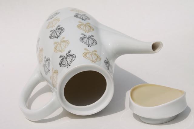 mod vintage Thomas - Germany porcelain coffee pot, tan & black leaves palm leaf print
